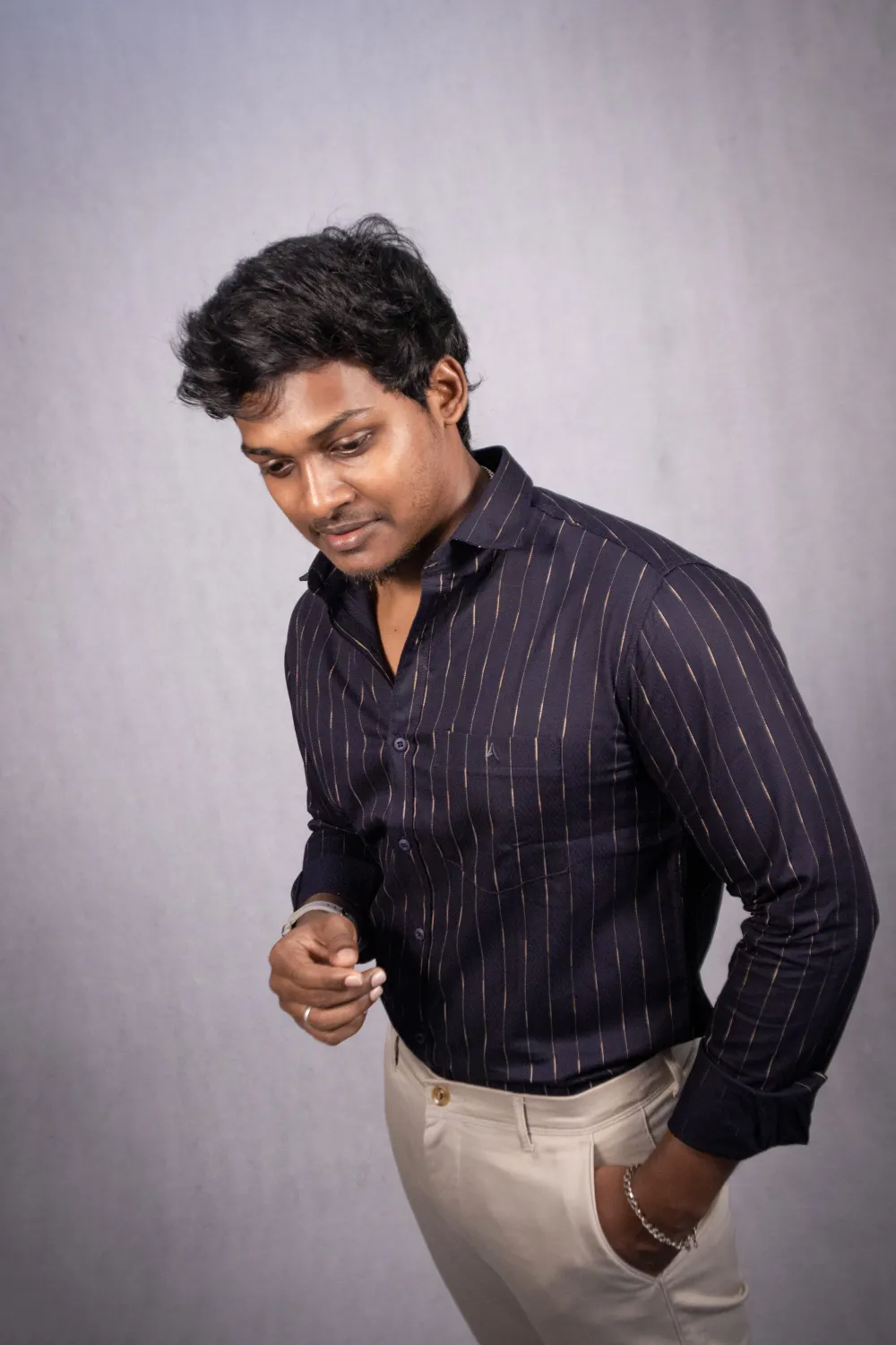 navy blue striped shirt